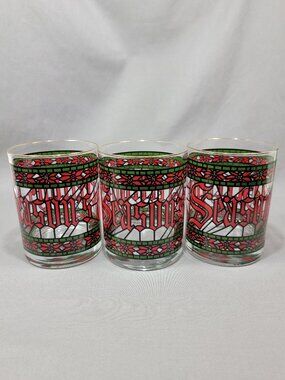 Vtg Houze Seasons Greetings Christmas Holiday Lowball Rocks Glass Cocktail Set 3